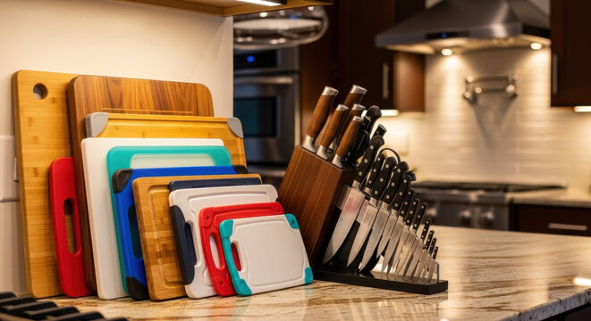 Knife block with sharp kitchen knives and colorful cutting boards on a marble kitchen countertop featuring cooking tools, kitchenware, culinary with