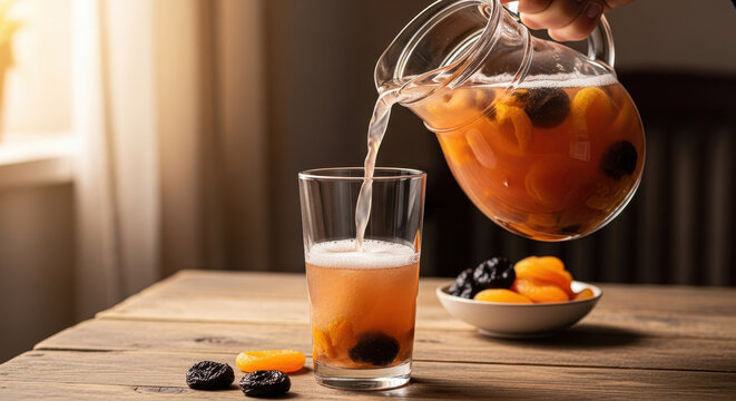 Glass pouring a drink with fruits and berries, on wooden table with pitcher featuring kompot, beverage, healthy with homemade and rustic elements for