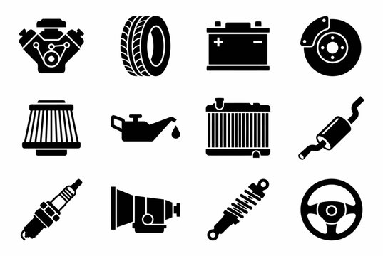 Car parts icons: engine, tire, battery, brake, filter, oil, radiator, exhaust, spark plug, turbo, shock absorber, steering wheel
