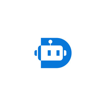 Letter D incorporates a robotic head icon within its negative space to symbolize technological innovation and digital automation for an advanced computer software development service provider.