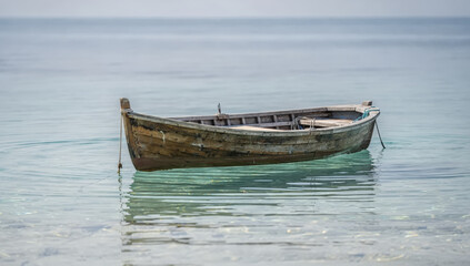 Obraz premium Old wooden fishing boat gently floating on calm turquoise ocean waters