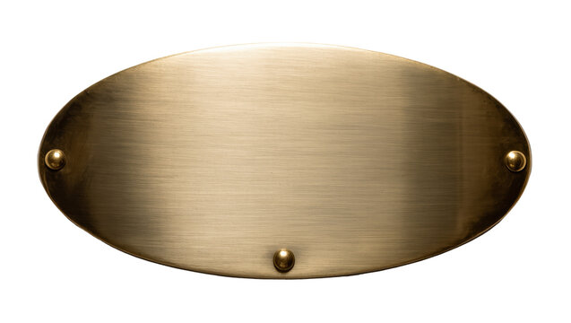 Brushed brass oval plaque with rivets, isolated on transparent background