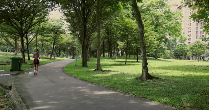 Young woman walks on paved path in lush green park. Bright daylight filters through abundant trees. Healthy lifestyle and urban recreation concept. Peaceful, active outdoor scene.