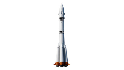 Tall white and orange multi-stage rocket with fins, isolated on transparent background © Elena