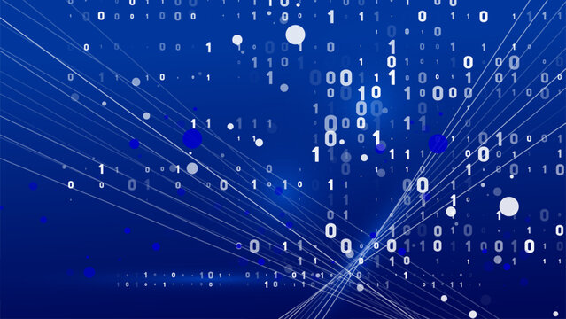 Digital abstract background with binary code 0, 1 characters, data lines, and glowing particles. Represents technology, global networks, cyber security, and data flow concepts.