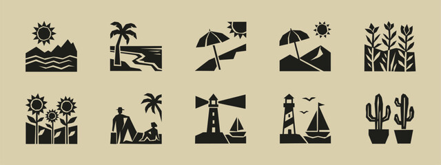 Obraz premium Vector collection of summer vacation landscape icons with beach mountains lighthouse and plants