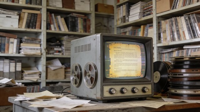 An old television sits on a cluttered desk in a library surrounded by papers and books with a stack of reels.