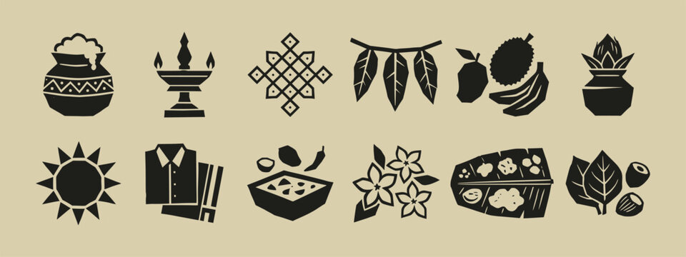 South Indian Hindu festival icon set with Pongal pot banana leaf and oil lamp silhouette