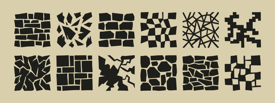 Collection of twelve black abstract geometric square icons featuring cracked stone and shattered tile textures