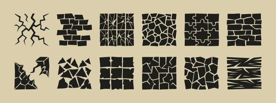 Set of black silhouette icons depicting cracked, broken, shattered, and fragmented square shapes
