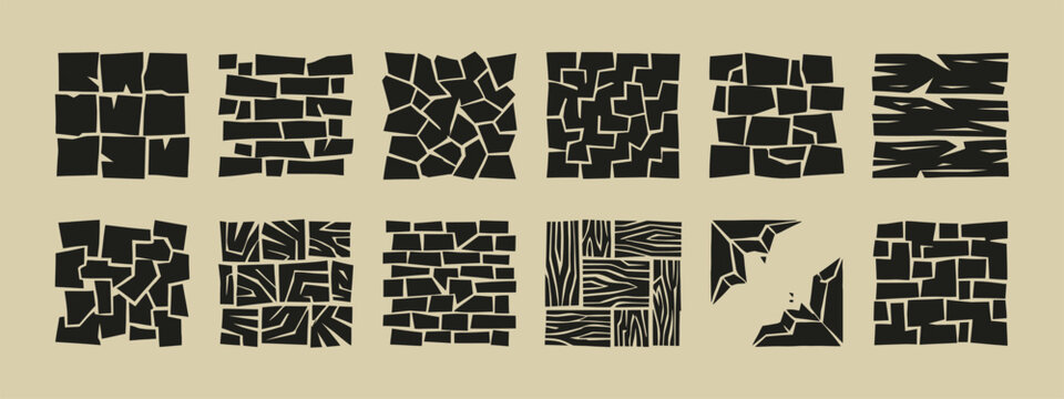 Set of twelve black abstract geometric square icons with brick stone and wood grain textures