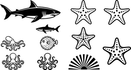 Marine life silhouette collection featuring sharks, octopus, starfish, puffer fish and seashell elements in black isolated vector style set © Jahanara