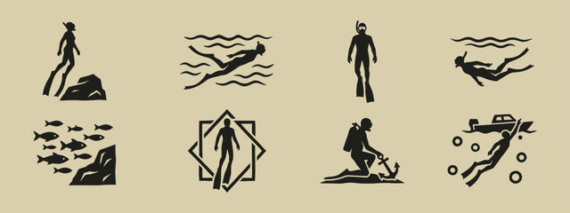 Scuba Diving and Snorkeling Silhouette Icons Set with Divers Fish and Boat © thetwelvesense