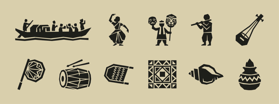 Traditional Bengali folk art icons set including boat dancers musical instruments and cultural symbols