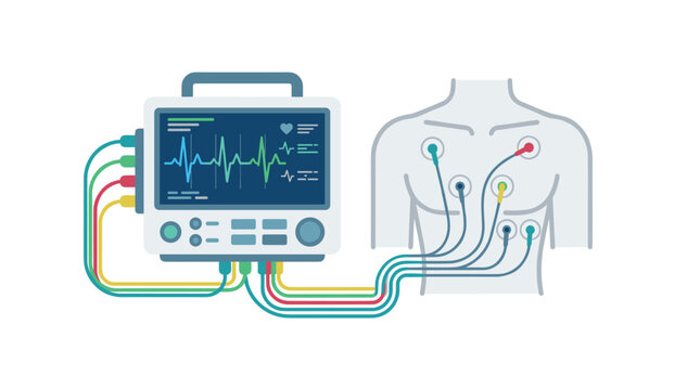 A digital cardiac monitoring device is attached to a stylized human chest model with five colorful sensor cables against a solid light gray studio background.