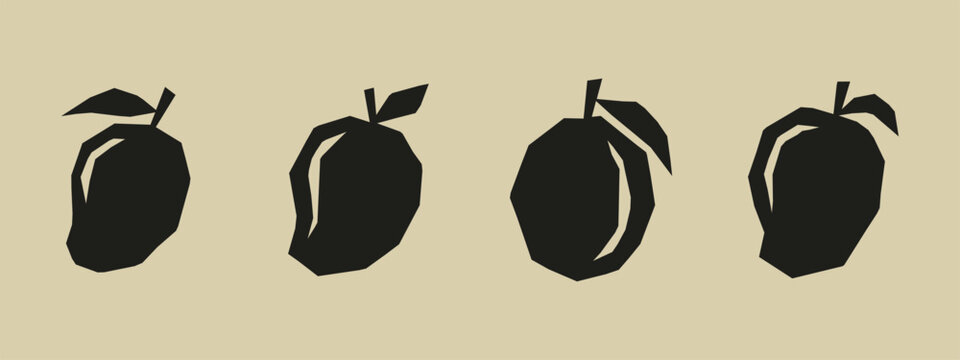 Minimalist set of four black mango silhouettes with leaves on neutral beige background