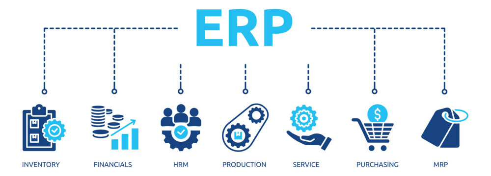 erp glyph banner icon of inventory, financials, hrm, production, service, purchasing, mrp