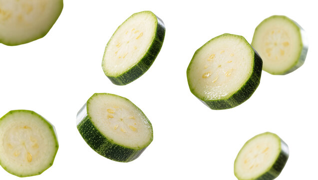 Fresh green zucchini slices healthy food ingredient, isolated on transparent background