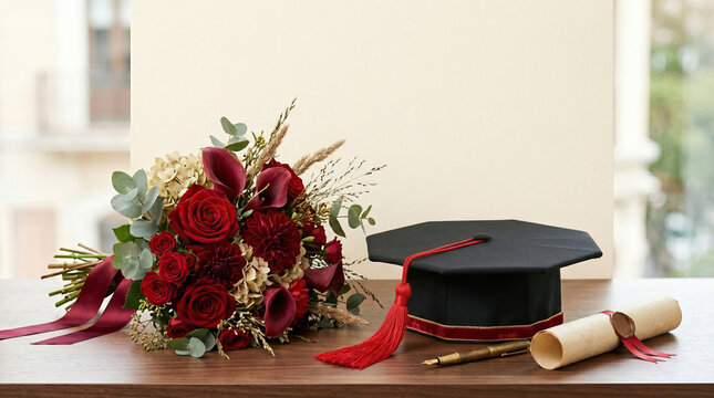 Spanish birrete octogonal graduation cap with diploma and flower bouquet. Concept of academic achievement, celebration, prestige, and future success