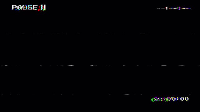 VHS Video Tape Pause Screen with Glitchy Text and Analog Distortion Static Lines on Black Background 4K Animation 4k video