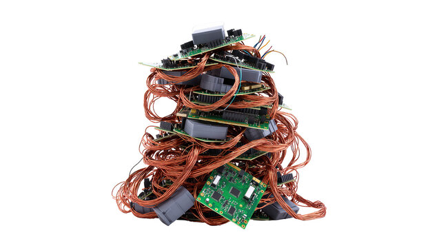 Pile of electronic circuit boards and copper wires, isolated on transparent background