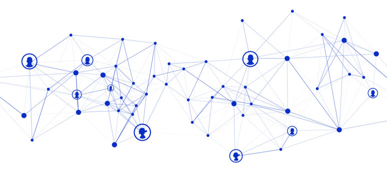 An abstract digital network features blue connecting lines and dots, some with human profile icons, representing global communication, social media, and business connections on a white background.