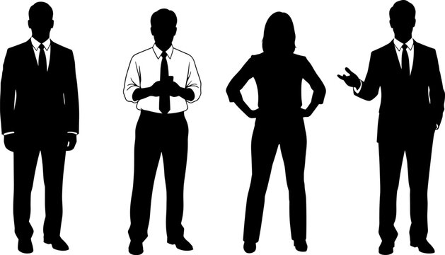 Set of business people silhouettes showing formal standing gestures and confident poses isolated on white background for corporate and professional concepts