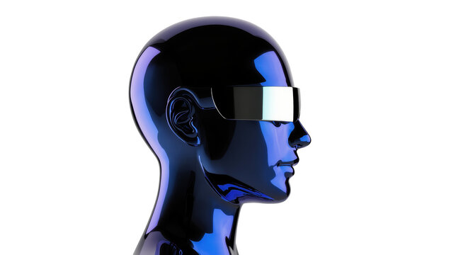 Shiny blue metallic mannequin head with futuristic visor, isolated on transparent background