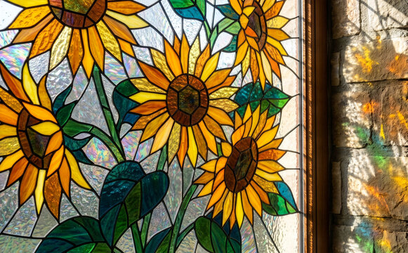 Sunflower ひまわり 111 Sunflowers Stained Glass Window with Light Reflecting on Stone Wall（石壁に光が反射するひまわりのステンドグラス）