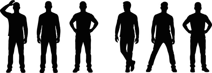 Male standing silhouettes in different poses, casual body language collection, human posture variation, modern lifestyle illustration isolated on white background © Jahanara