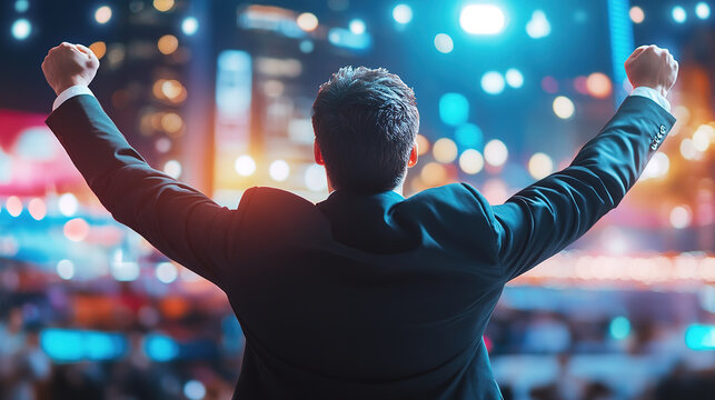 Young Asian man raises his arms to meet challenges against the backdrop of high-rise buildings in the city