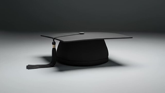 Black mortarboard, flat topped, with a tassel, on a grey background, shadow underneath