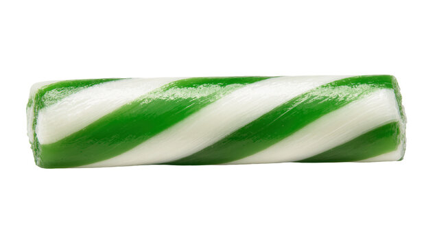 Green and white striped hard candy stick, isolated on transparent background