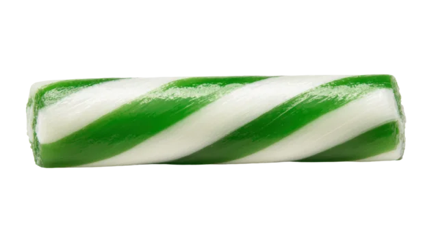 Green and white striped hard candy stick, isolated on transparent background