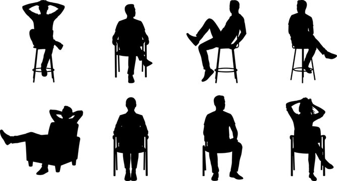 Human silhouettes sitting on chairs and stools in relaxed poses isolated on white background representing posture, body language, comfort, and lifestyle