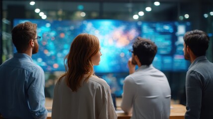 Fototapeta premium Digital Insights: A team of experts immersed in a collaborative exploration of complex data, visualized on a expansive screen, engaging in the quest for actionable insights. 