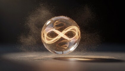 Obraz premium Glowing infinity symbol within a transparent sphere, surrounded by golden glittering dust, symbolizing endless possibilities and universal energy in a mystical setting
