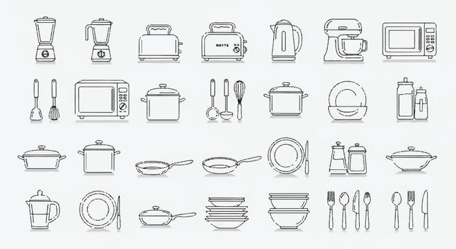 Extensive collection of minimalist kitchen appliance and cookware line icons including household electronics and tableware elements with appliance