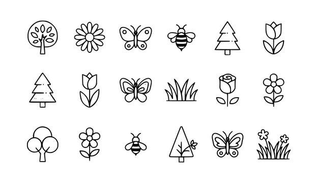 Nature and garden icon set with trees flowers butterflies bees and grass in green and pink flat vector collection