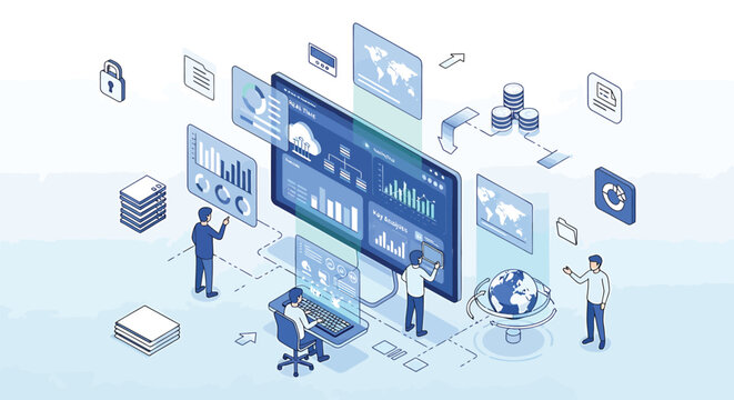 Business analytics, data visualization, infographic elements, blue vector icons