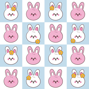 cute seamless pattern hand drawn cartoon pink and white bunny in blue and white patchwork style wallpaper