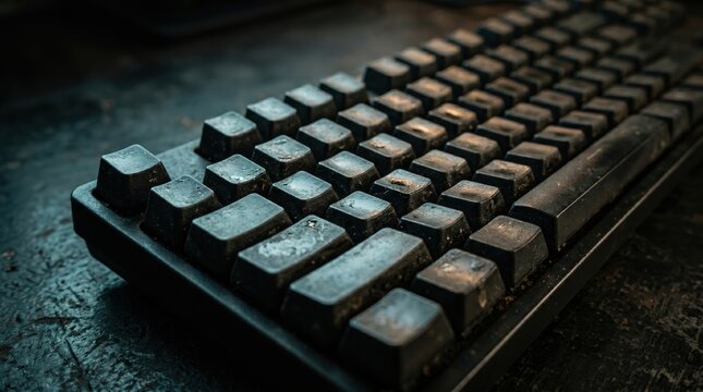 Close up of a dirty black keyboard with many keys visible on a dark textured surface