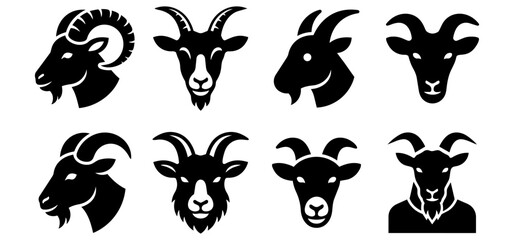 Fototapeta premium Collection of goat and ram head silhouettes for farming and wildlife design projects