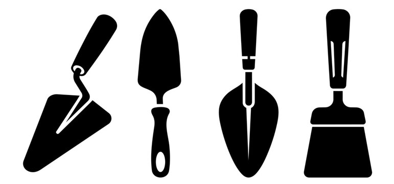 Construction trowel and masonry hand tool icons set for building and renovation work