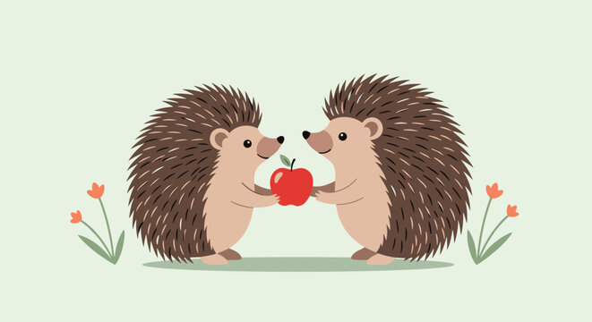 Two cute hedgehogs sharing a red apple vector illustration