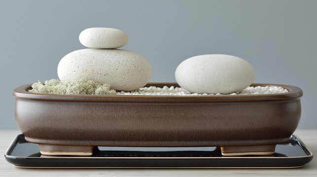 茶色の陶器鉢に置かれた白い積み石と苔。禅の庭をイメージしたモダンなインテリア。静寂とバランスの概念