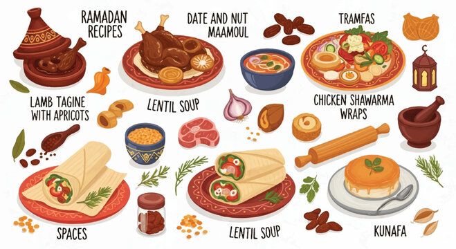 Ramadan recipe meal set including chicken shawarma and lentil soup with shawarma illustration traditional ingredients culinary
