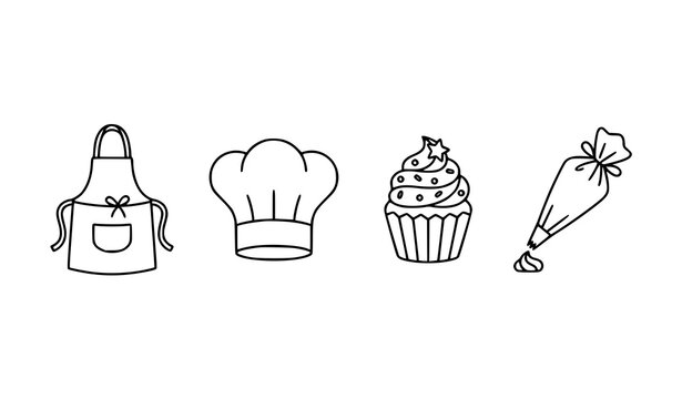 Hand drawn kitchen baking tools line art set with apron chef hat cupcake and piping bag minimal vector