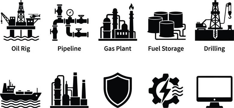 Industrial Energy Icons: Oil Rig, Pipeline, Gas Plant, Fuel Storage, Drilling, Ship