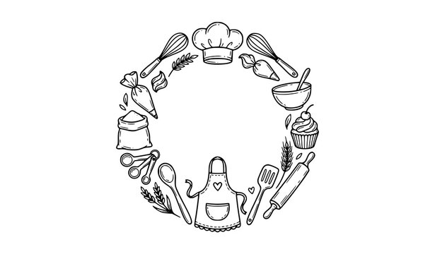 Circular hand drawn baking tools line art with apron chef hat cupcake and piping bag vector design